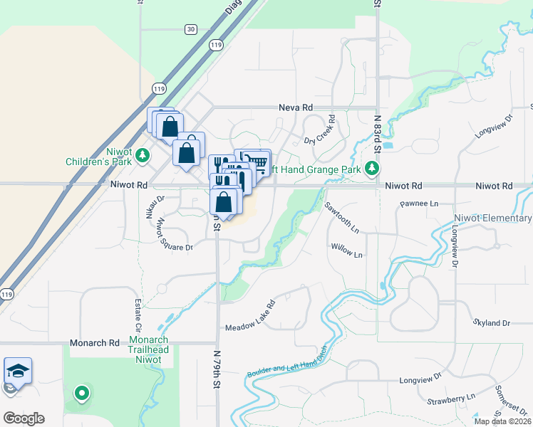 map of restaurants, bars, coffee shops, grocery stores, and more near 7980 Niwot Road in Longmont