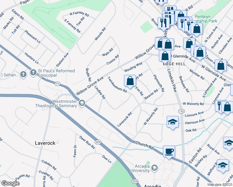 map of restaurants, bars, coffee shops, grocery stores, and more near 600 Twickenham Road in Glenside