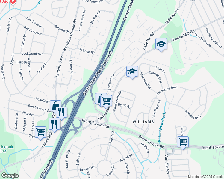 map of restaurants, bars, coffee shops, grocery stores, and more near 111 Primrose Lane in Brick Township