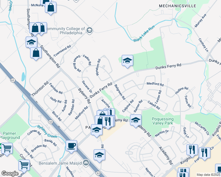 map of restaurants, bars, coffee shops, grocery stores, and more near 12538 Medford Place in Philadelphia