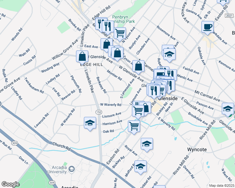 map of restaurants, bars, coffee shops, grocery stores, and more near 301 Cherry Lane in Glenside