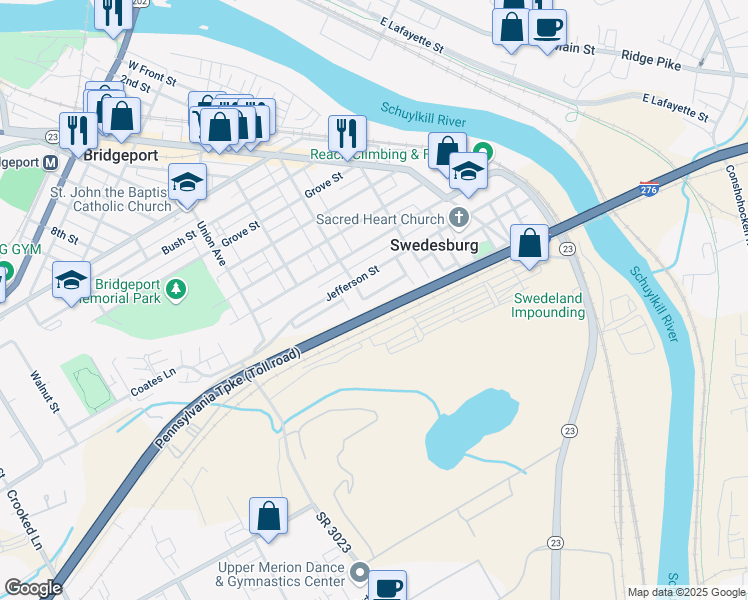map of restaurants, bars, coffee shops, grocery stores, and more near 697 Pershing Street in Bridgeport
