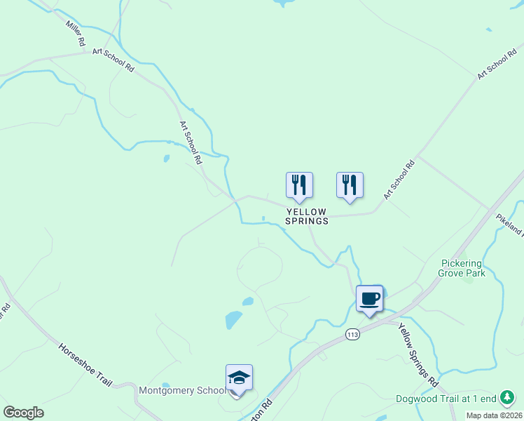 map of restaurants, bars, coffee shops, grocery stores, and more near 1732 Art School Road in Chester Springs