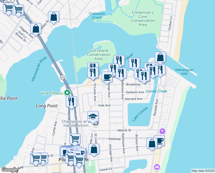 map of restaurants, bars, coffee shops, grocery stores, and more near 300 Broadway in Point Pleasant Beach