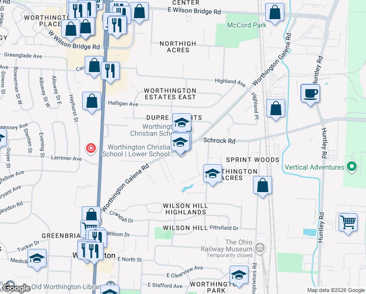 map of restaurants, bars, coffee shops, grocery stores, and more near 6675 Worthington Galena Road in Worthington