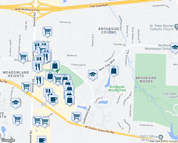 map of restaurants, bars, coffee shops, grocery stores, and more near 7041 Bent Tree Boulevard in Columbus