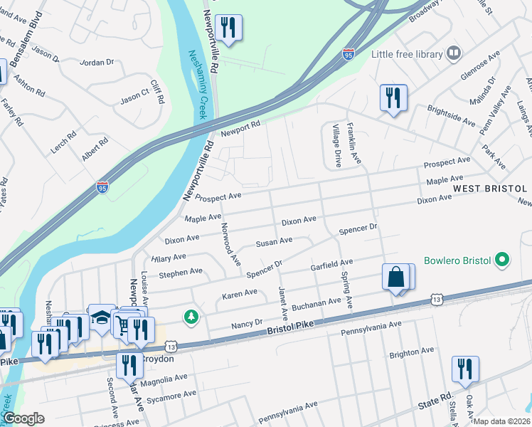 map of restaurants, bars, coffee shops, grocery stores, and more near 1705 Maple Avenue in Croydon