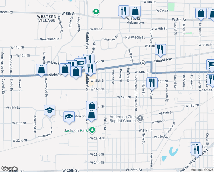 map of restaurants, bars, coffee shops, grocery stores, and more near 2302 West 15th Street in Anderson