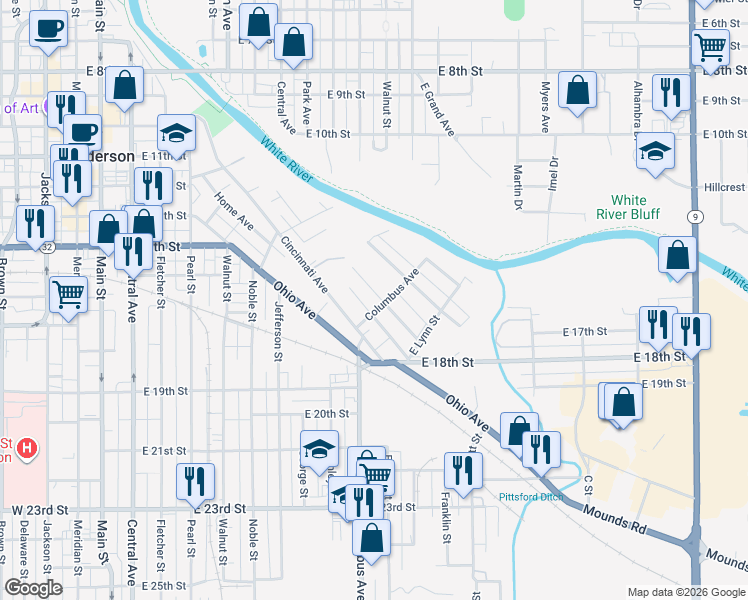 map of restaurants, bars, coffee shops, grocery stores, and more near 1535 Johnson Avenue in Anderson