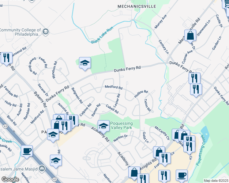 map of restaurants, bars, coffee shops, grocery stores, and more near 12750 Kenny Road in Philadelphia