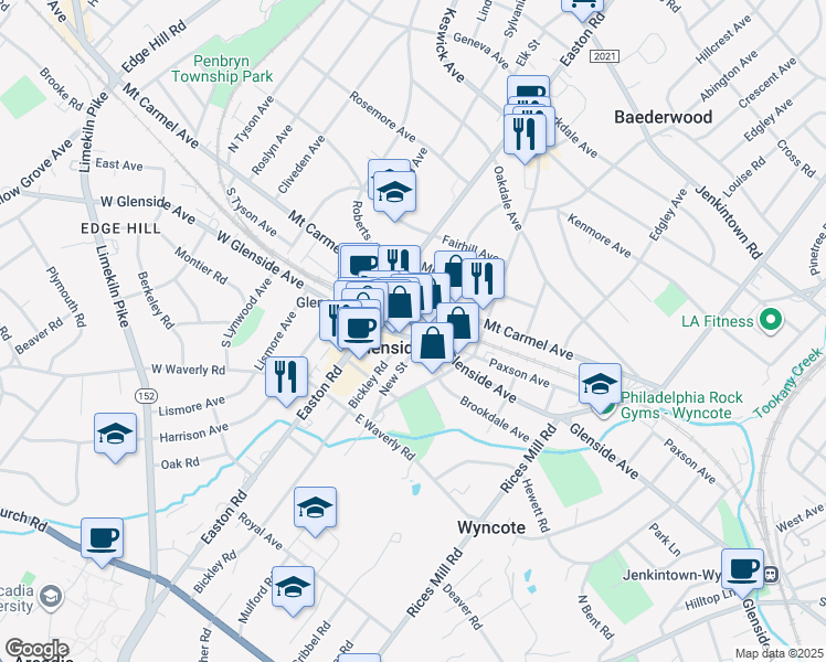 map of restaurants, bars, coffee shops, grocery stores, and more near 2250 Mount Carmel Avenue in Glenside
