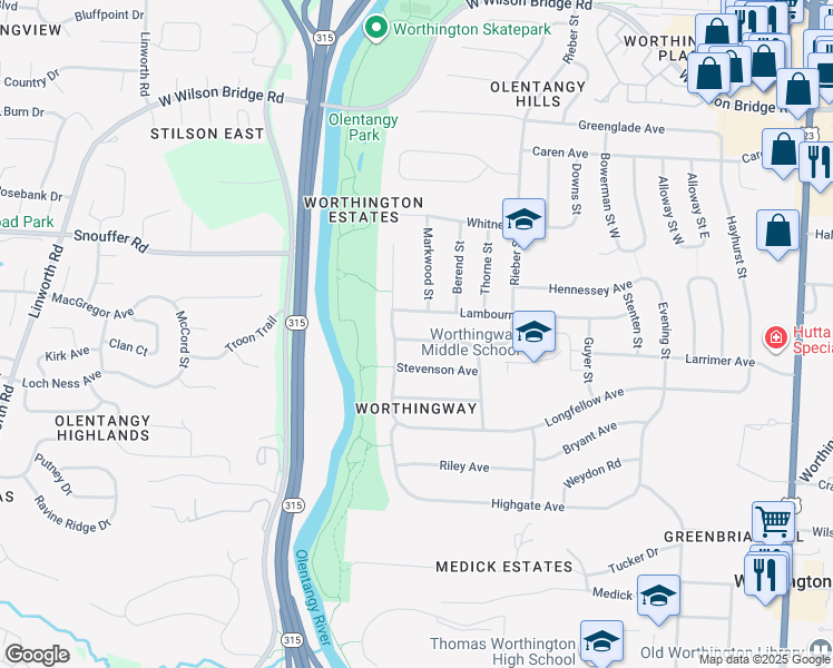 map of restaurants, bars, coffee shops, grocery stores, and more near 544 Thackeray Avenue in Worthington