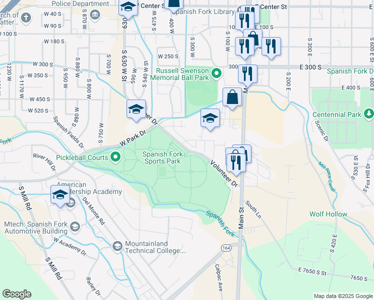 map of restaurants, bars, coffee shops, grocery stores, and more near 313 West Park View Lane in Spanish Fork