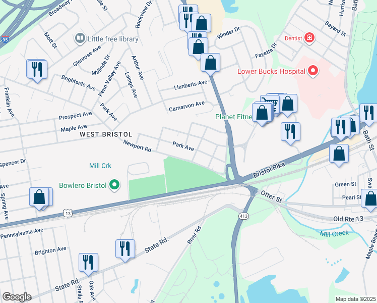 map of restaurants, bars, coffee shops, grocery stores, and more near 411 Park Avenue in Bristol