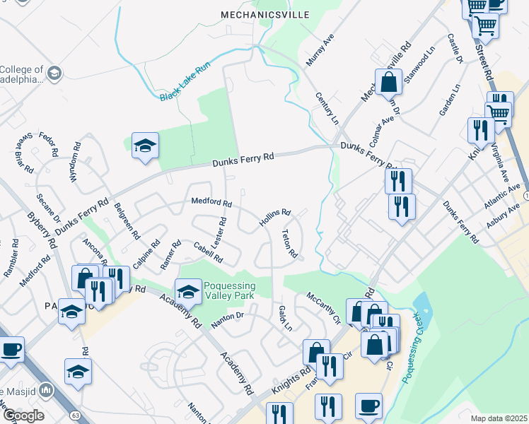 map of restaurants, bars, coffee shops, grocery stores, and more near 12720 Hollins Rd in Philadelphia