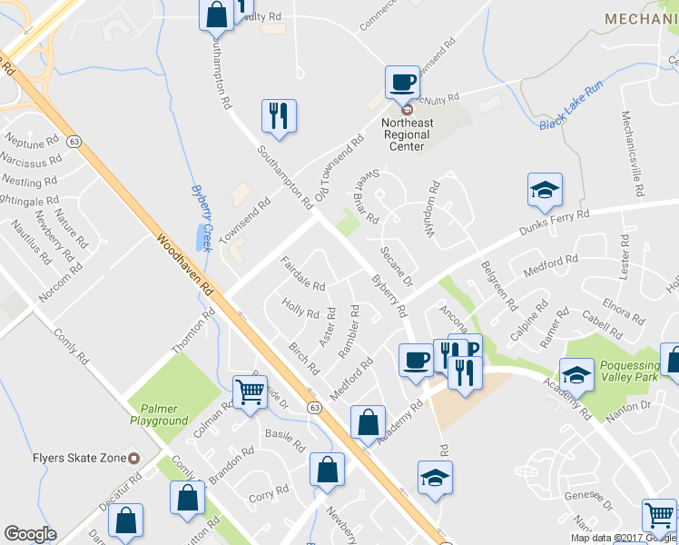 map of restaurants, bars, coffee shops, grocery stores, and more near 3016 Byberry Road in Philadelphia