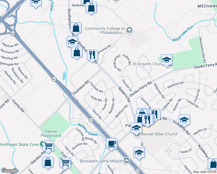 map of restaurants, bars, coffee shops, grocery stores, and more near 3016 Byberry Road in Philadelphia
