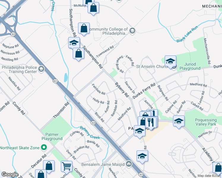 map of restaurants, bars, coffee shops, grocery stores, and more near 3133 Morning Glory Road in Philadelphia