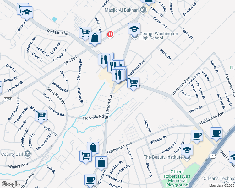 map of restaurants, bars, coffee shops, grocery stores, and more near 9905 Northeast Avenue in Philadelphia