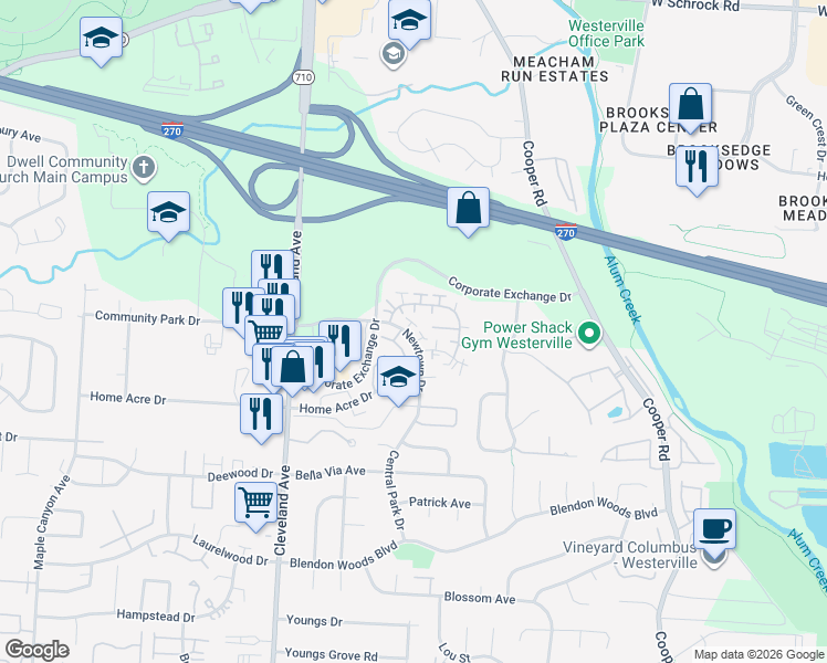 map of restaurants, bars, coffee shops, grocery stores, and more near 2637 Christine Boulevard in Columbus