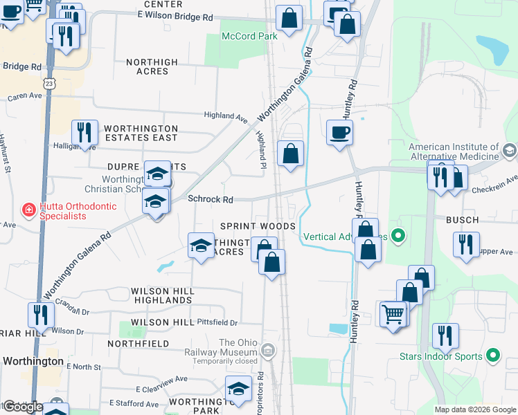map of restaurants, bars, coffee shops, grocery stores, and more near 386 Schrock Road in Worthington