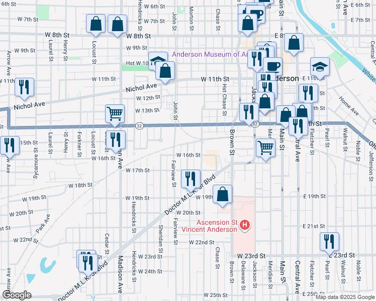 map of restaurants, bars, coffee shops, grocery stores, and more near 1510 Morton Street in Anderson