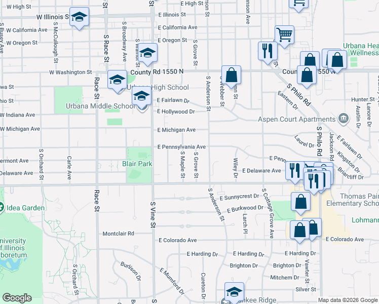 map of restaurants, bars, coffee shops, grocery stores, and more near 506 East Pennsylvania Avenue in Urbana