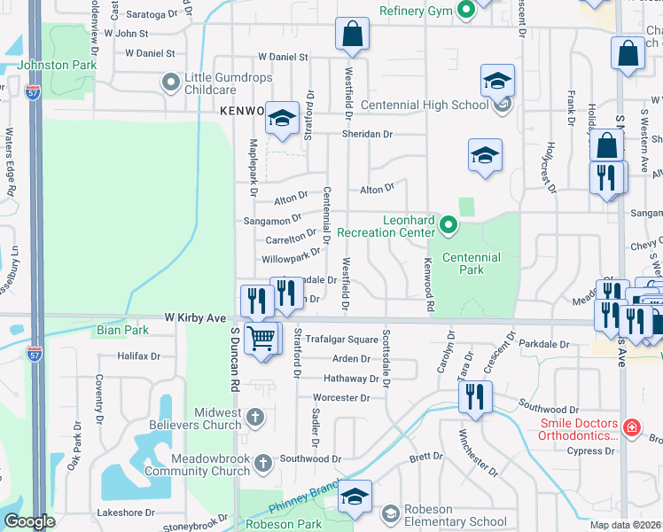 map of restaurants, bars, coffee shops, grocery stores, and more near 1307 Westfield Drive in Champaign