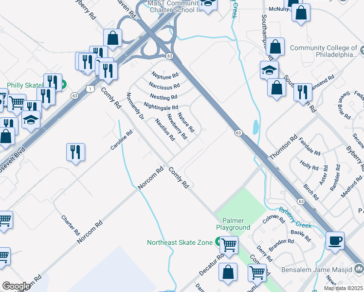 map of restaurants, bars, coffee shops, grocery stores, and more near 2812 Norcom Road in Philadelphia