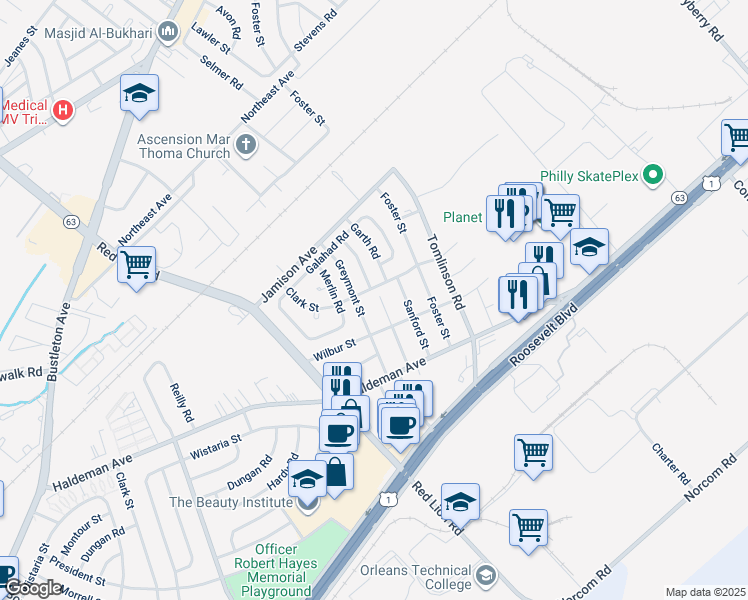 map of restaurants, bars, coffee shops, grocery stores, and more near 1924 Kentwood Street in Philadelphia