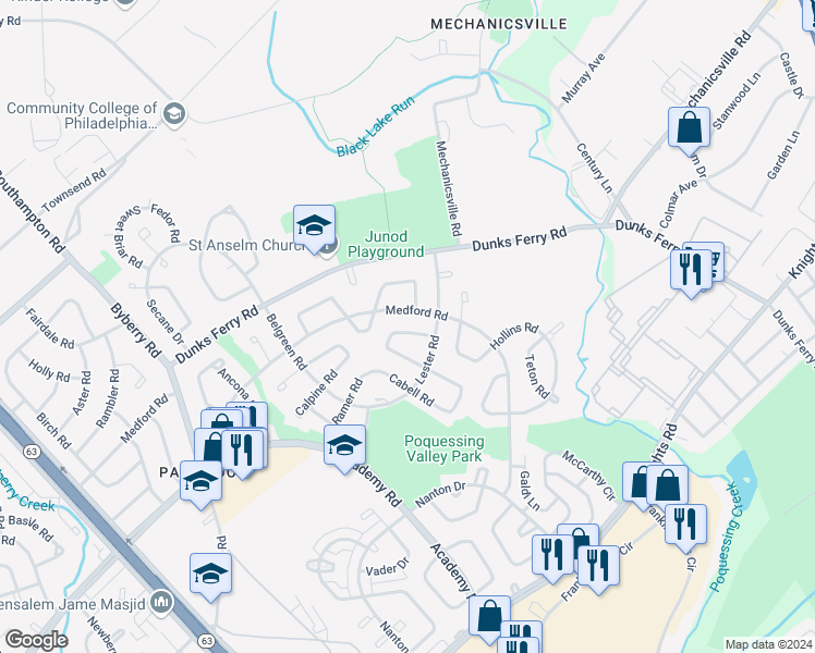 map of restaurants, bars, coffee shops, grocery stores, and more near 12738 Kenny Road in Philadelphia
