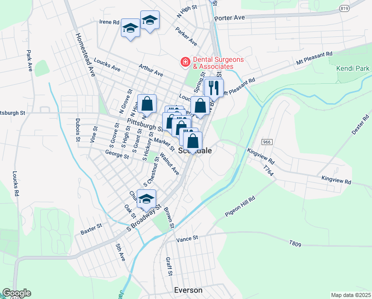 map of restaurants, bars, coffee shops, grocery stores, and more near 123 Pittsburgh Street in Scottdale
