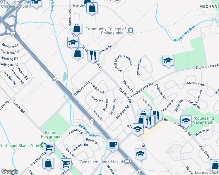 map of restaurants, bars, coffee shops, grocery stores, and more near 3133 Morning Glory Road in Philadelphia