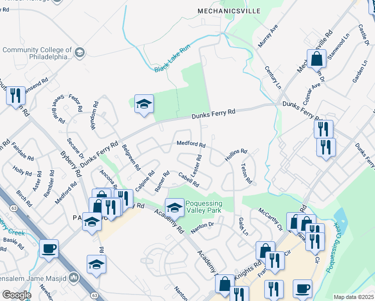 map of restaurants, bars, coffee shops, grocery stores, and more near 12738 Kenny Road in Philadelphia