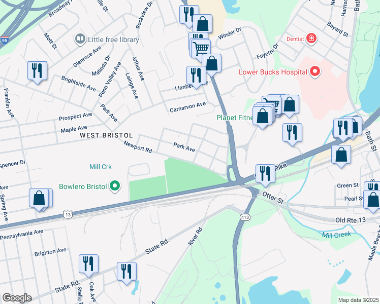 map of restaurants, bars, coffee shops, grocery stores, and more near 411 Park Avenue in Bristol