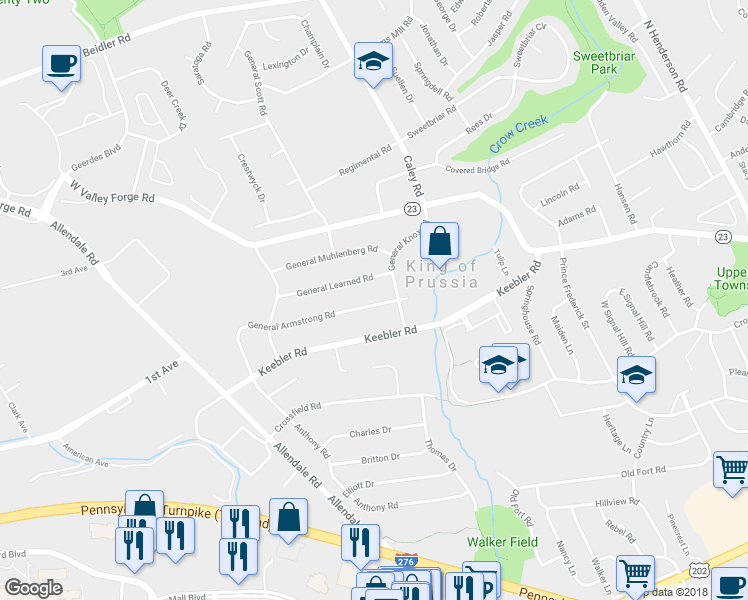map of restaurants, bars, coffee shops, grocery stores, and more near 511 General Armstrong Road in King of Prussia