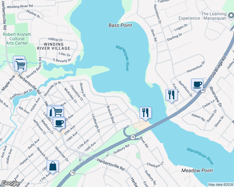map of restaurants, bars, coffee shops, grocery stores, and more near 149 Riverside Drive North in Brick Township