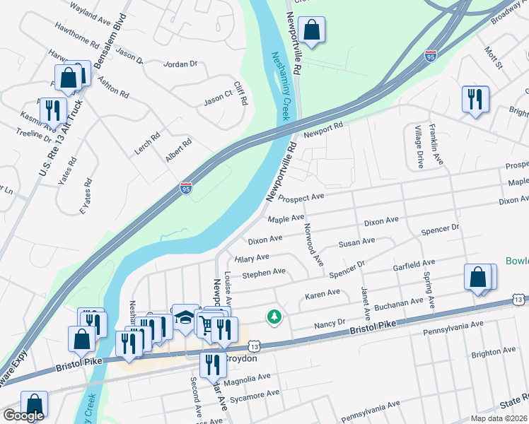 map of restaurants, bars, coffee shops, grocery stores, and more near 900 Newportville Road in Croydon
