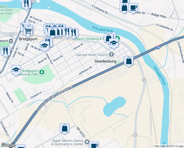 map of restaurants, bars, coffee shops, grocery stores, and more near 703 Pershing Street in Bridgeport
