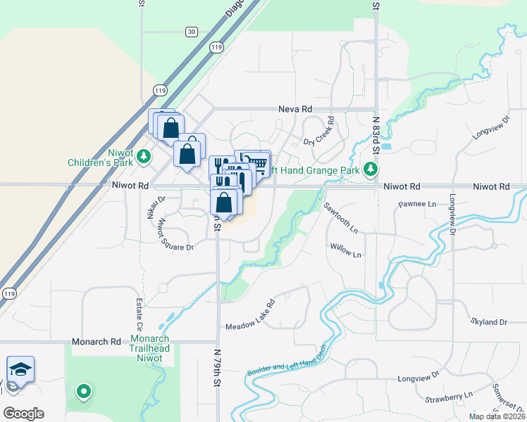 map of restaurants, bars, coffee shops, grocery stores, and more near 7980 Niwot Road in Longmont