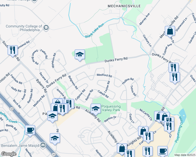 map of restaurants, bars, coffee shops, grocery stores, and more near 12722 Kenny Road in Philadelphia