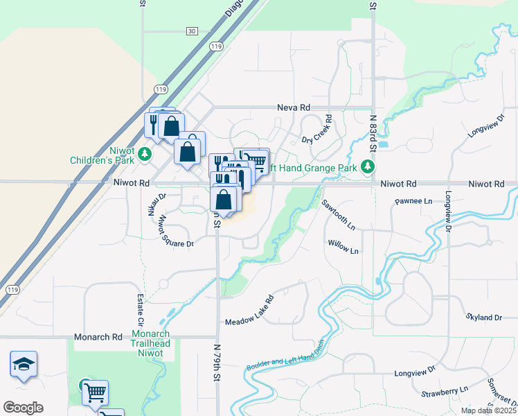map of restaurants, bars, coffee shops, grocery stores, and more near 8050 Niwot Road in Longmont
