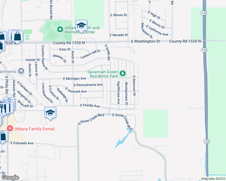 map of restaurants, bars, coffee shops, grocery stores, and more near 1412 South Smith Road in Urbana