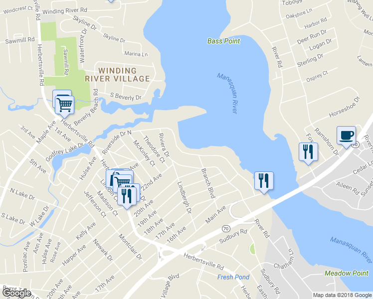 map of restaurants, bars, coffee shops, grocery stores, and more near 185 Riverside Drive North in Brick