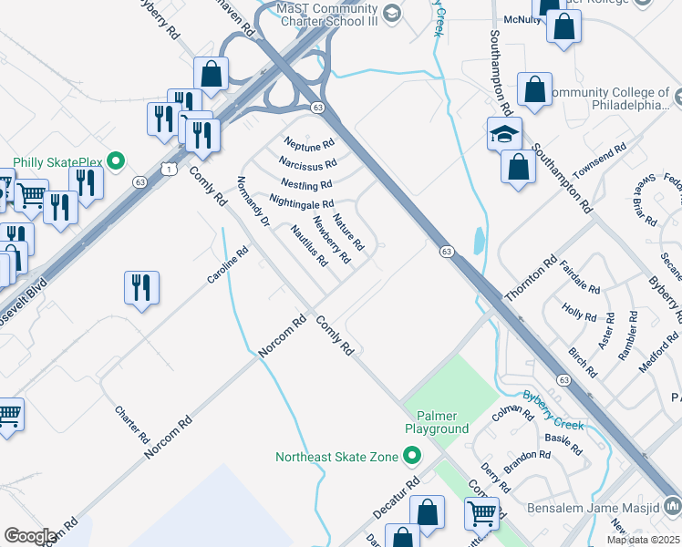 map of restaurants, bars, coffee shops, grocery stores, and more near 2812 Norcom Road in Philadelphia