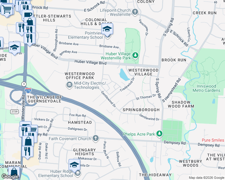map of restaurants, bars, coffee shops, grocery stores, and more near 283 Cross Wind Loop in Westerville