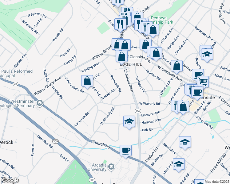 map of restaurants, bars, coffee shops, grocery stores, and more near 511 Beaver Road in Glenside