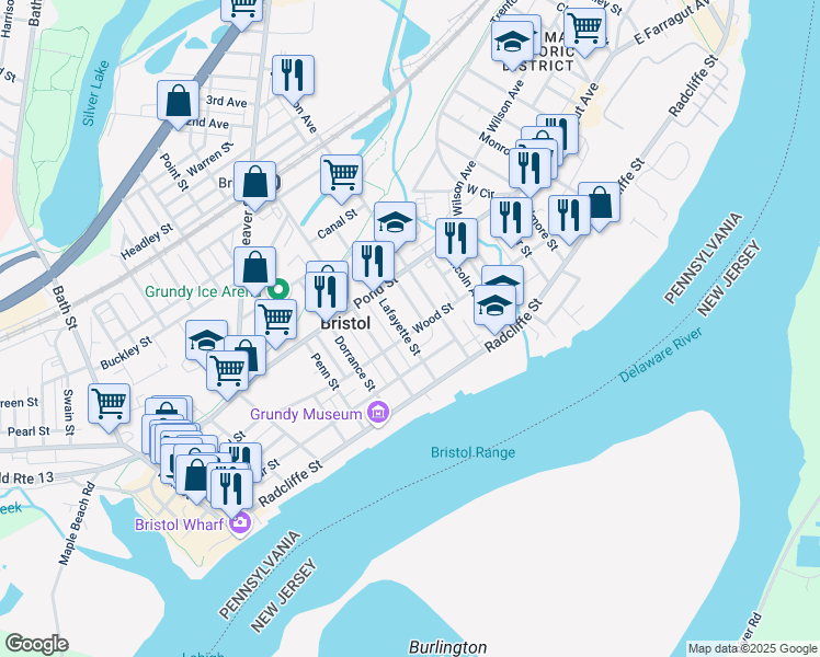 map of restaurants, bars, coffee shops, grocery stores, and more near 333 Lafayette Street in Bristol