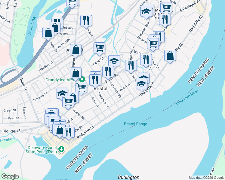 map of restaurants, bars, coffee shops, grocery stores, and more near 333 Lafayette Street in Bristol