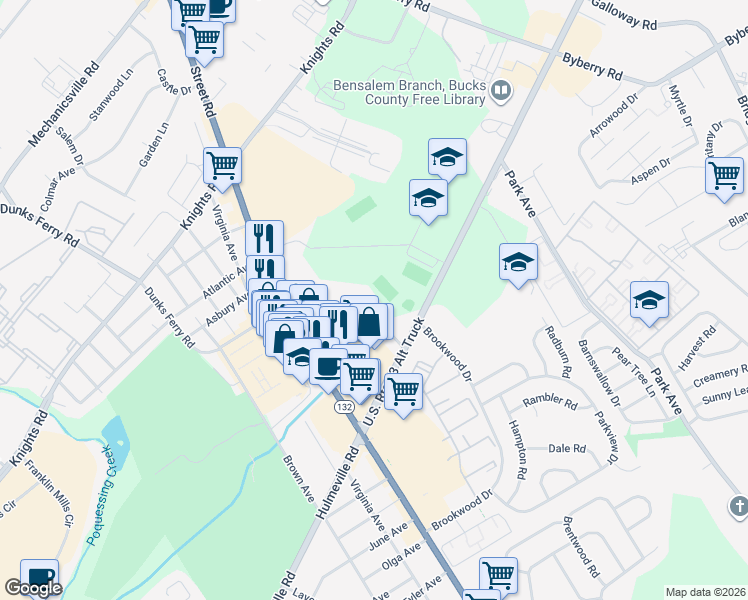 map of restaurants, bars, coffee shops, grocery stores, and more near 1981 Hansell Drive in Bensalem